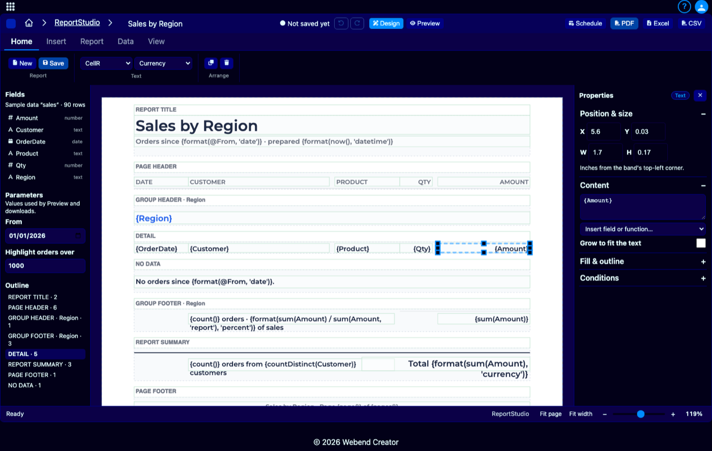 The ReportStudio designer with a sales report open